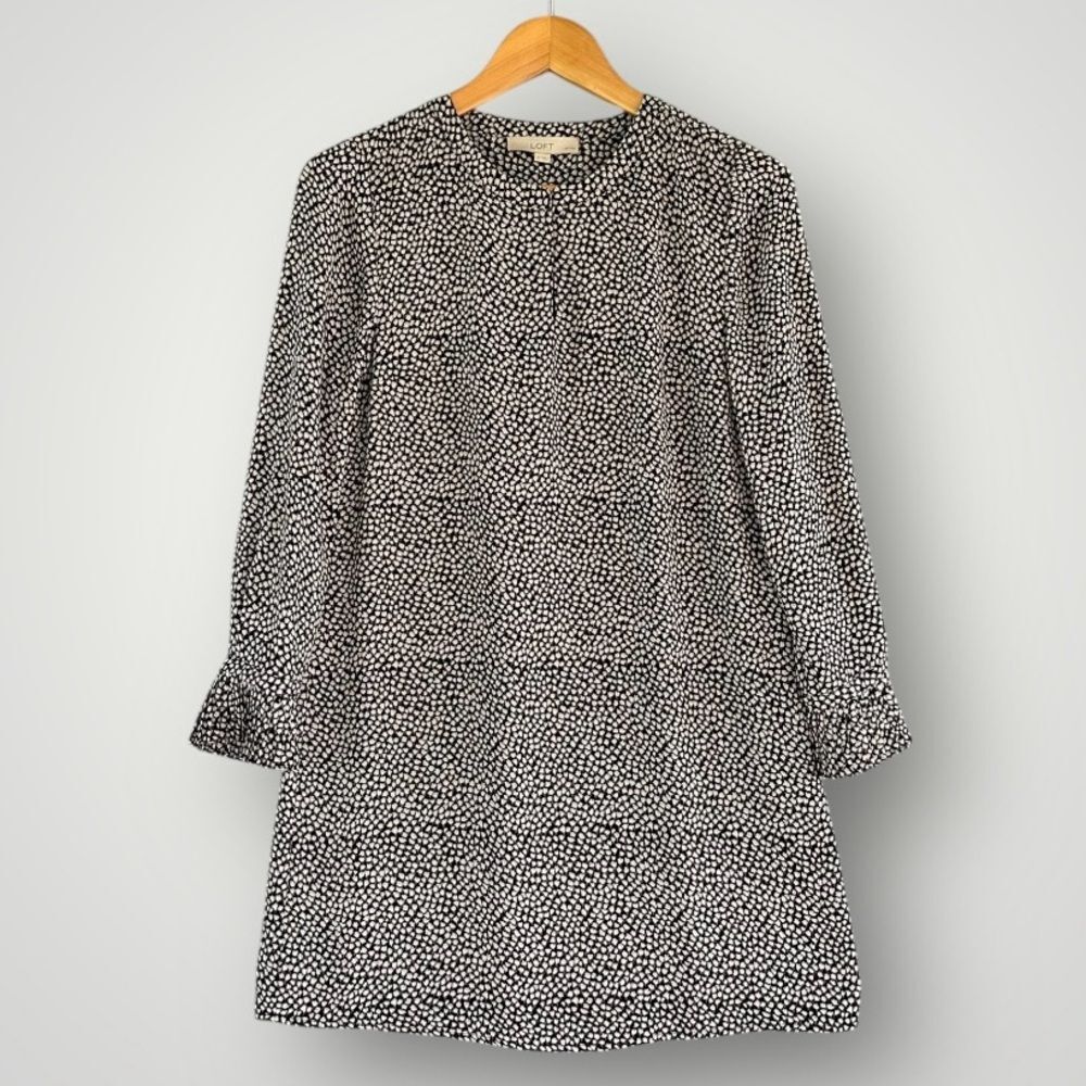 LOFT Black and White Speckled Long Sleeve Dress